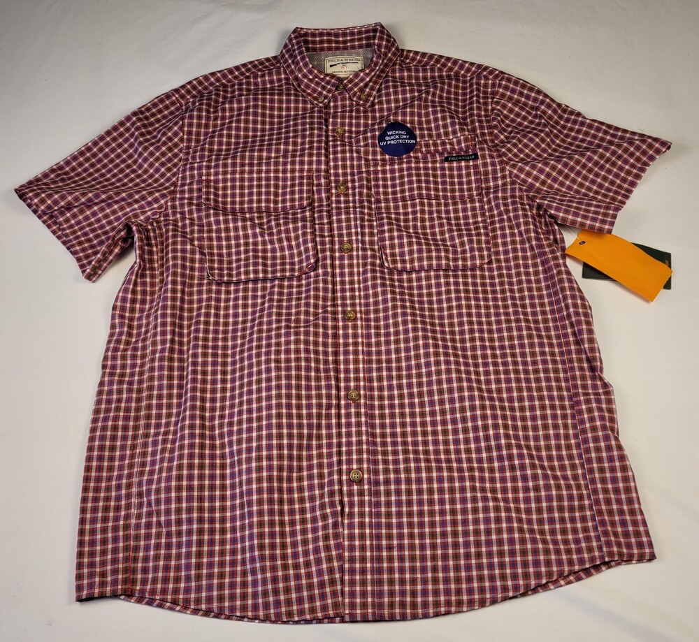 Field & Stream Shirt Mens Medium Red Plaid Guide Short Sleeve Button Up Fishing